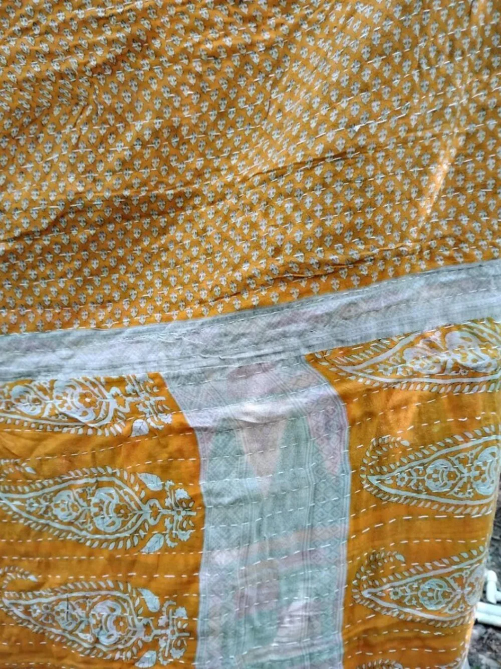 Kantha Quilt Tangerine Gray Red Marigold Premium 3 Layer Cotton New K192.